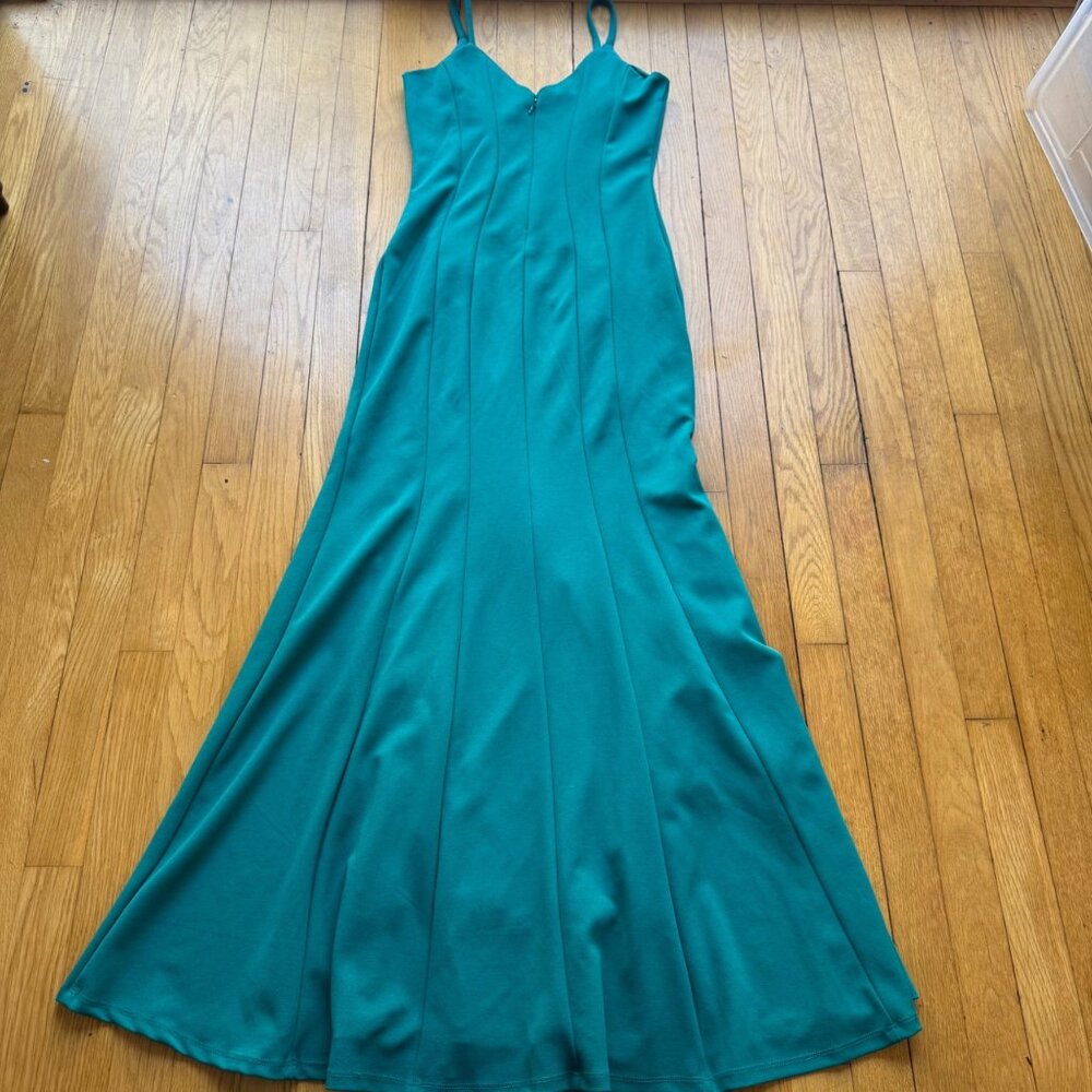 Vintage Y2K Jump Apparel Size 3/4 Teal Green V-Neck Seamed Mermaid Evening Gown - Picture 3 of 16